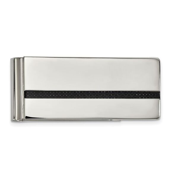 Men's Stainless Steel & Black Carbon Fiber Stripe Fold Over Money Clip - Picture 1 of 5